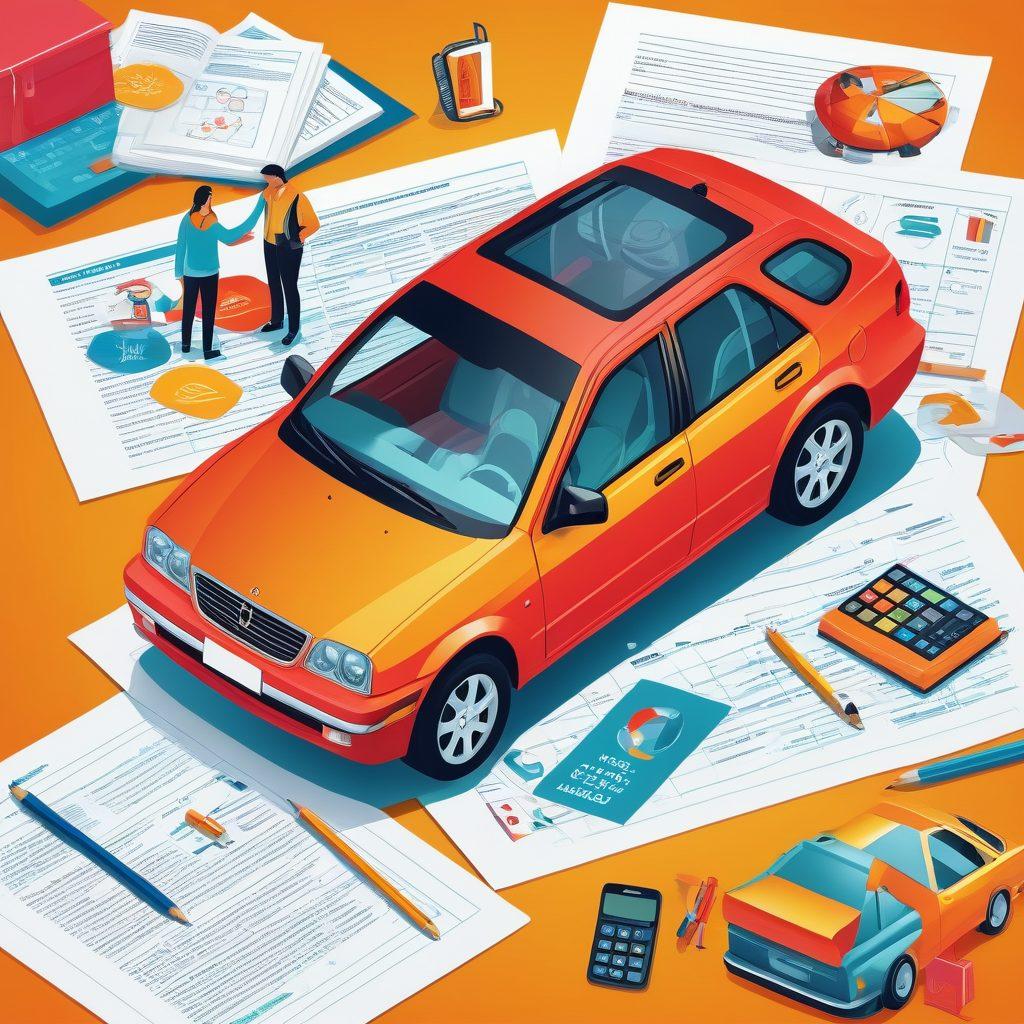 A visually engaging collage featuring various car insurance symbols like a calculator, policy documents, a car, and educational materials. The backdrop should include a diverse group of people discussing and studying together about car insurance. Emphasize a sense of collaboration and knowledge-sharing. Use vibrant colors to make the image pop and evoke a sense of enlightenment. vector art. vibrant colors.