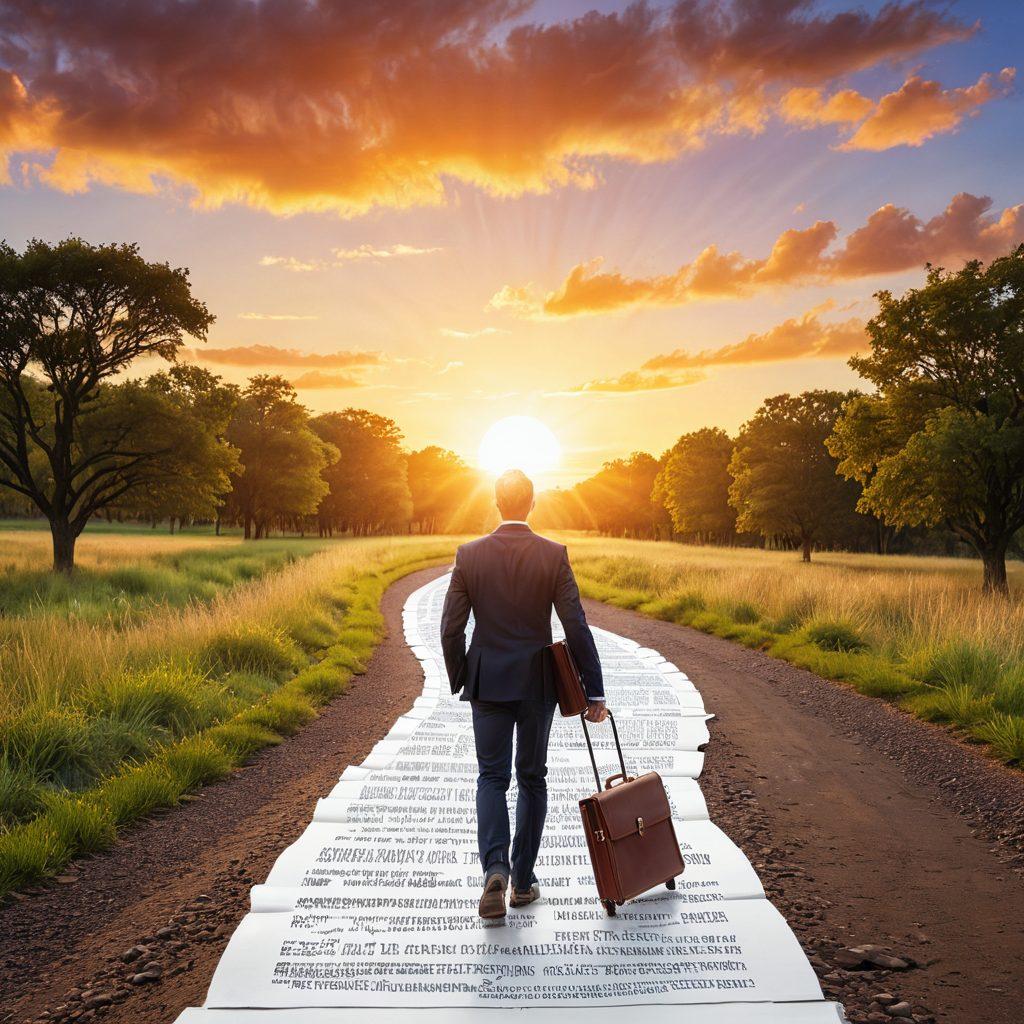 A pathway winding through an open book representing knowledge, with vibrant icons of auto insurance certifications floating around, including a diploma, a steering wheel, and gears. In the background, a bright sunrise symbolizes new beginnings and advanced learning, while a figure confidently walks along the path, carrying a briefcase. super-realistic. vibrant colors. white background.